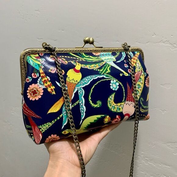 Handsewn Genuine Leather Floral Printed, Kisslock Clutch/Crossbody/Evening bag